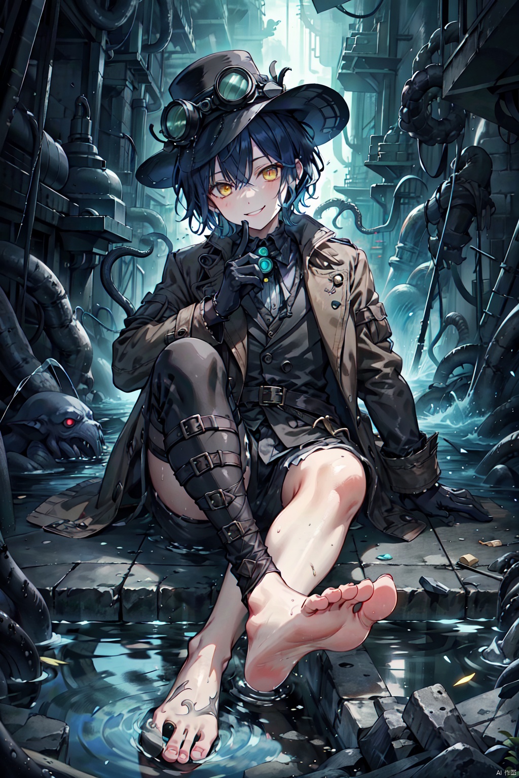  solo,shota,male_focus,dark_blue_hair,very_short_hair,yellow_eyes,detective,supersteampunk,
goggles on headwear,revolver,brown_jacket,assertive,black gloves,victorian,bare_foot,sewer,flashlight,pollution,water,smile, Cthulhu, zukong,foot focus,barefoot,tentacle pit