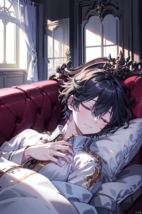  1boy,ebalon, short hair,closed_eyes, black hair, hair between eyes, jewelry, closed mouth,mansion,indoors,
luxury,sleeping,on_couch,under covers,solo,full_body