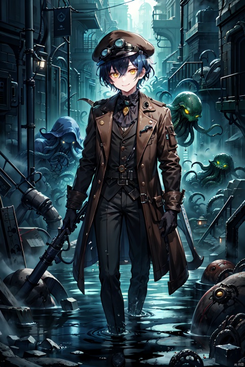  solo,shota,male_focus,dark_blue_hair,very_short_hair,yellow_eyes,detective,supersteampunk,
goggles on headwear,revolver,brown_jacket,assertive,black gloves,victorian,bare_foot,sewer,flashlight,pollution,water,smile, Cthulhu