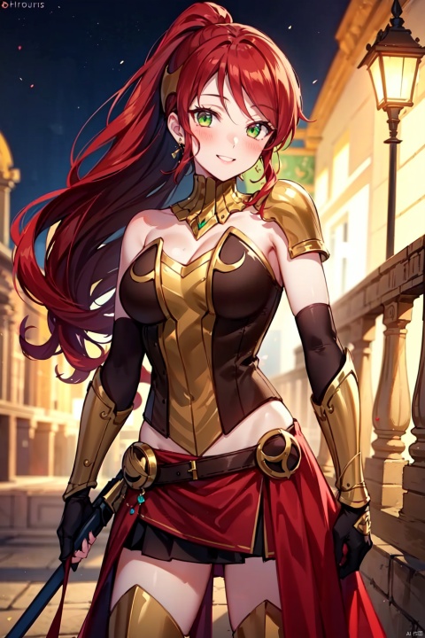 masterpiece,best quality, highly detailed, pyrrha nikos,1girl, solo,armor, ponytail, earrings, smile, looking at viewer, large breasts, blush,