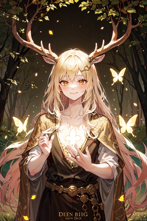  Divine Deer_Cervus eldii, golden deer, golden butterfly,forest,glowing light, queen marika,elden ring,1boy,smile,closed_mouth