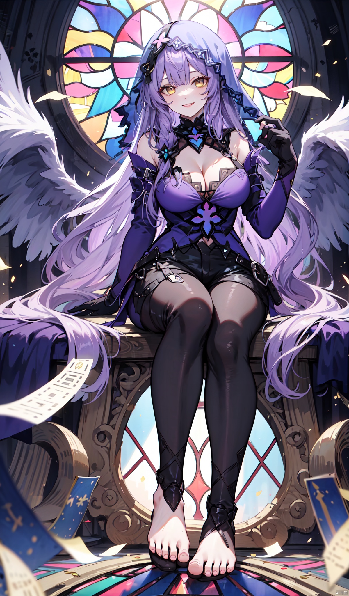  1girl,long hair,purple hair,black gloves,veil,cleavage,pantyhose,large breasts,shorts,yellow eyes,smile, filled with stained glass windows,tarot, zukong,bare_feet,