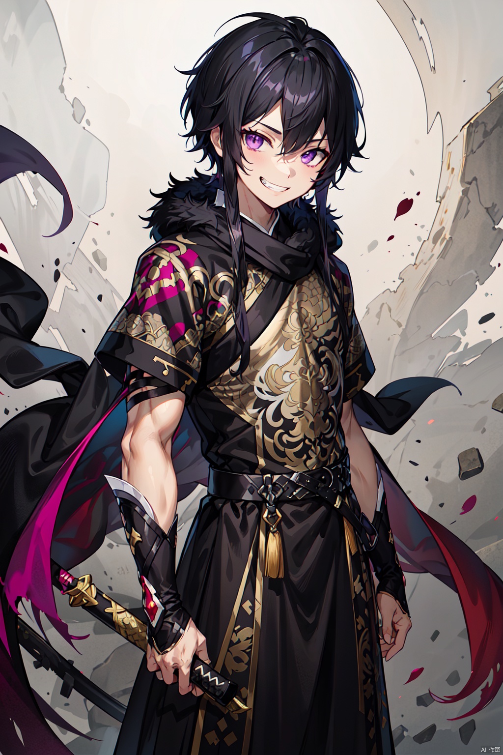  1boy, Elsword, black hair, (((short_hair_with_long_locks))), messy hair, purple eyes, muscler,looking_at_viewer,chineseguard,grin,sword,muscles,black_fur_shawl