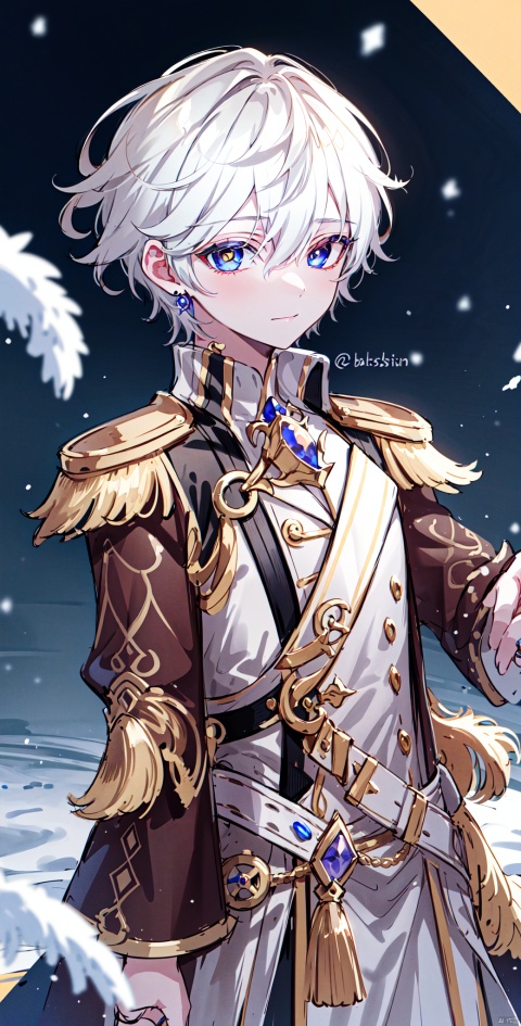  1boy,ebalon, looking at viewer, short hair, blue eyes, white hair, hair between eyes, jewelry, closed mouth, twitter username, ring, epaulettes, snowing, bishounen,yellow eyes,heterochromia