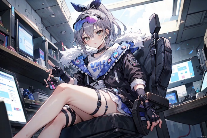  silver_wolf,1girl,solo,fingerless_gloves,looking_at_viewer,black_jacket,eyewear_on_head,black_gloves,sunglasses,ponytail,best quality, highly detailed,bare_foot, zukong,foot_focus,computer tower,dennou coil