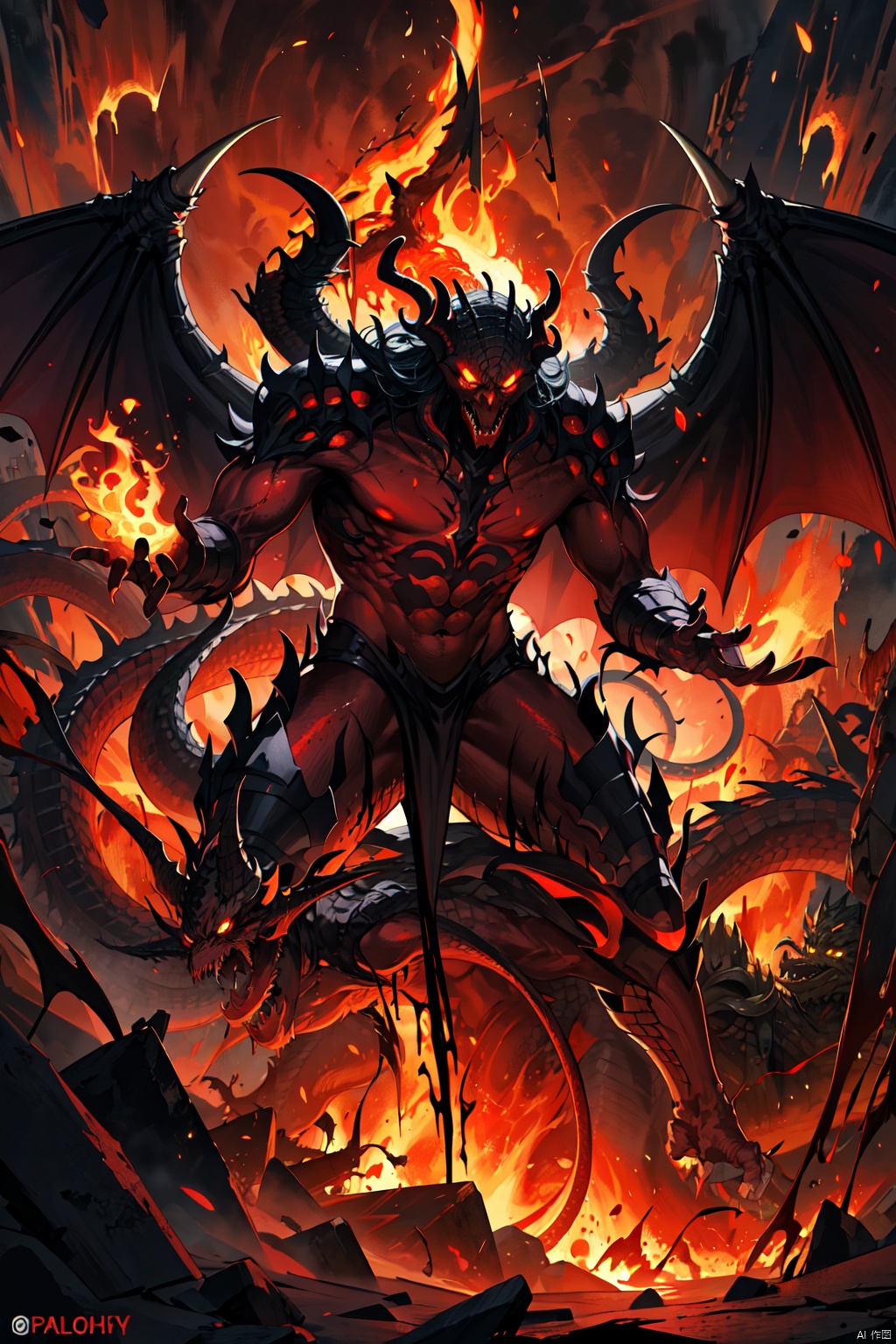 hell,dragons,demon,red_sky,molten rock,flame, Cthulhu