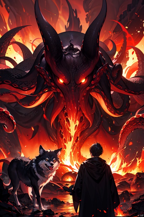  hell,wolf,red_sky,molten rock,flame,sharp teeth,cthulhu mythos, Giant octopus monster