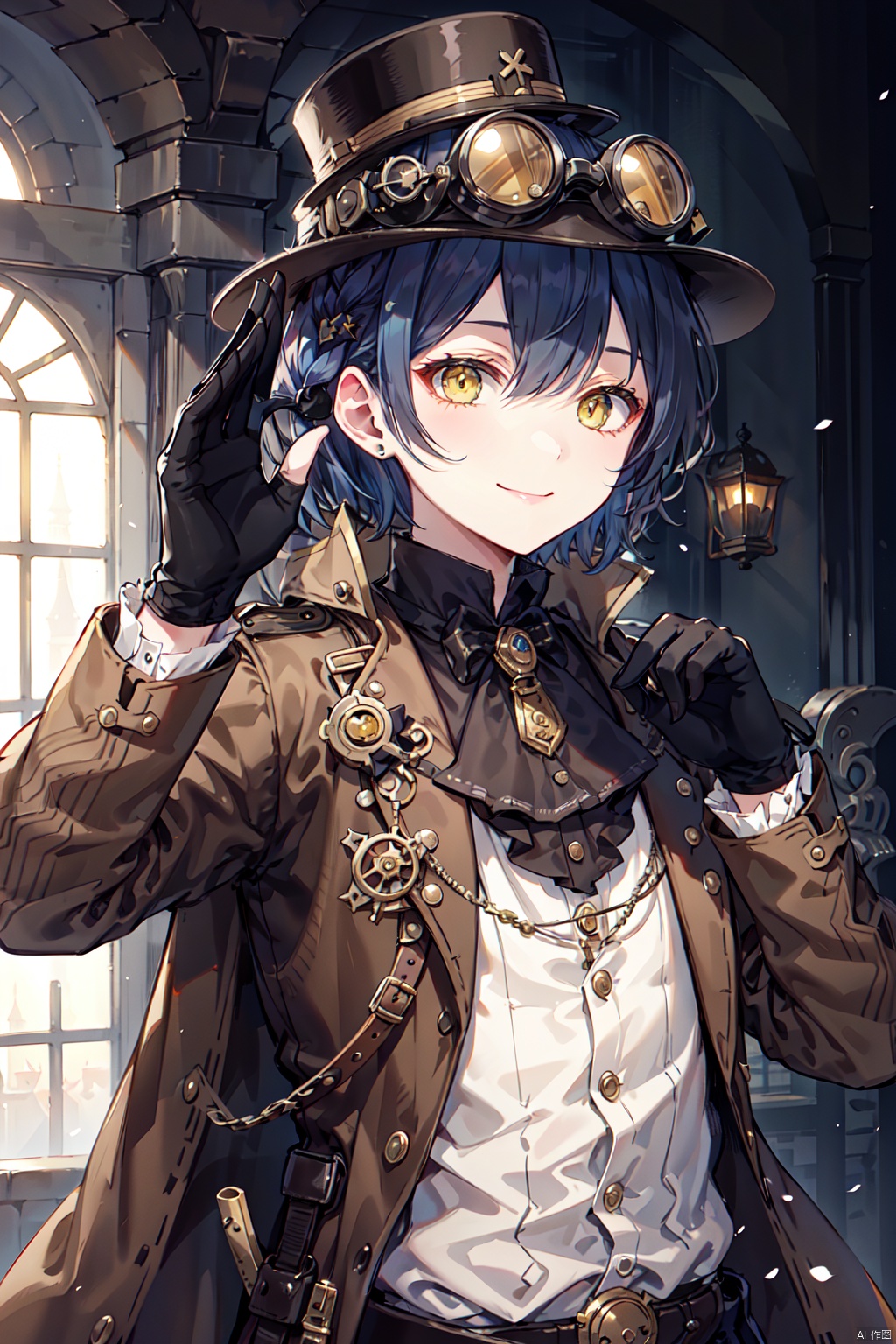 solo,shota,male_focus,dark_blue_hair,very_short_hair,yellow_eyes,detective,supersteampunk,smile,
goggles on headwear,revolver,brown_jacket,assertive,black gloves,victorian,london,salute