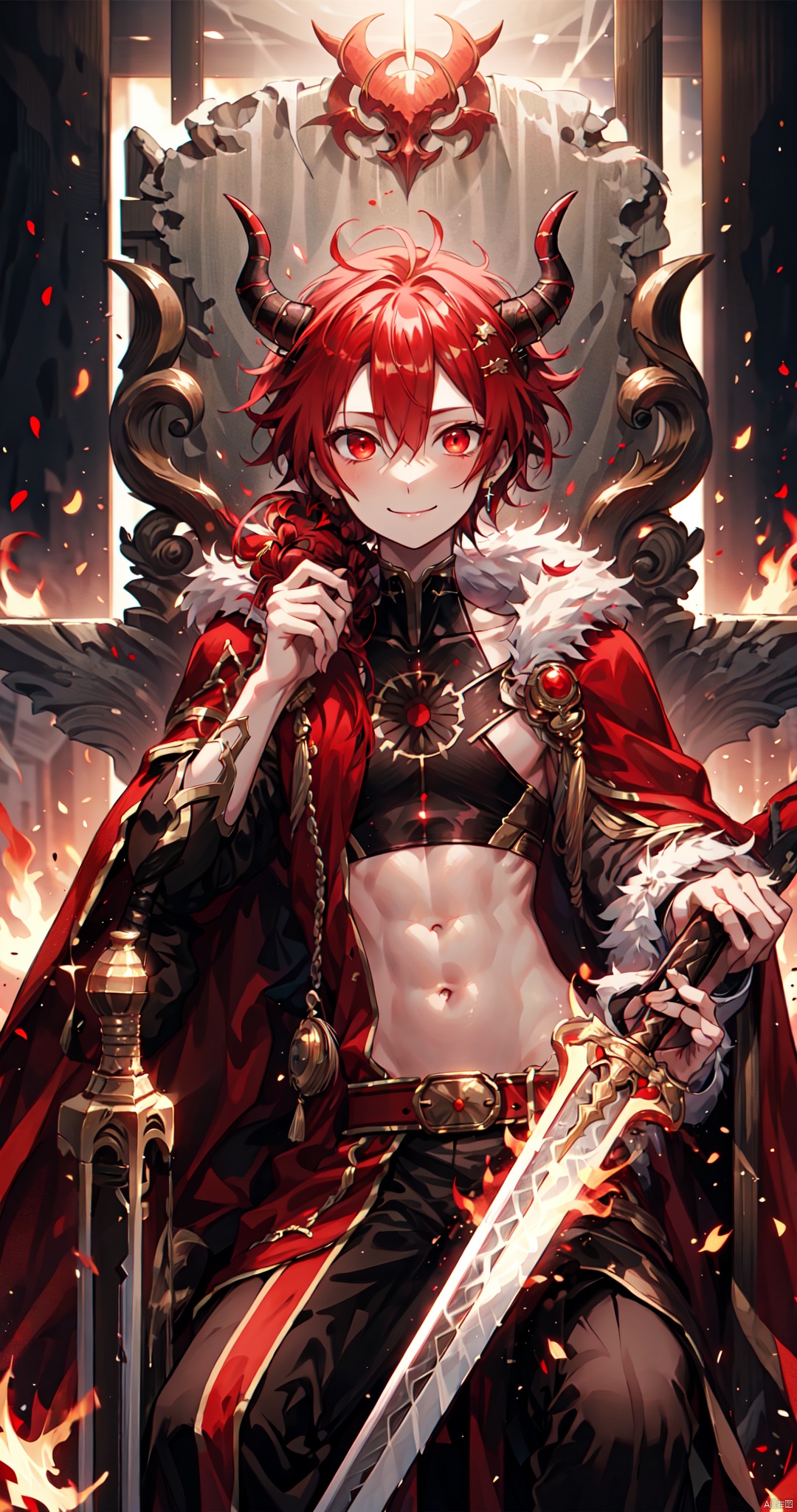  alexanderfgo, 1boy, navel, stomach, waist cape, red cape, off the shoulder, pelvic curtain, sitting,looking_at_viewer,smile,jewelry,short sword,flaming sword,closed_mouth,army,upper_body,throne,red sky,flame,demon horns,demon wings,huo,weapon