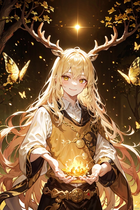  Divine Deer_Cervus eldii, golden deer, golden butterfly,forest,glowing light, queen marika,elden ring,1boy,smile,closed_mouth