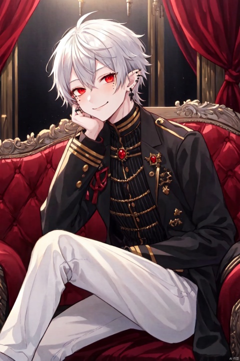  masterpiece,best quality, highly detailed, kuzuha (nijisanji),1boy,male focus,virtual youtuber,solo,mole under eye,earrings,looking at viewer,ear piercing,black jacket,long sleeves,
vampire costume,wine,sitting_down,smile,closed_mouth,bare_feet