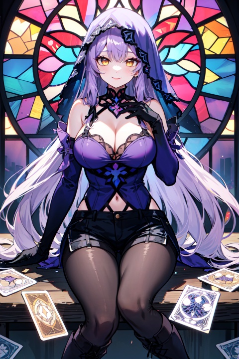 1girl,long hair,boots,purple hair,black gloves,veil,cleavage,pantyhose,large breasts,shorts,yellow eyes,smile, filled with stained glass windows,tarot,
