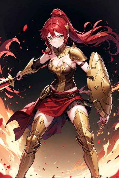 masterpiece,best quality, highly detailed, pyrrha nikos,1girl, solo,armor, ponytail, earrings, serious, looking at viewer, large breasts,weapon,shield,full_body,fighting stance