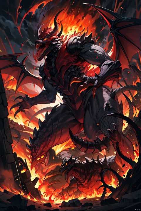  hell,hound (sekaiju),red_sky,molten rock,flame, Cthulhu,sharp teeth,