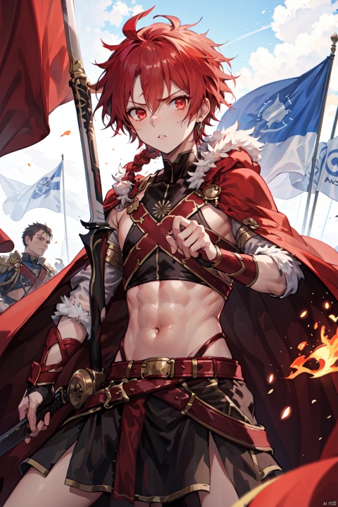  alexanderfgo, 1boy, navel, stomach, waist cape, red cape, off the shoulder, pelvic curtain,looking_at_viewer,serious,jewelry,short sword,fighting stance,flaming sword,flag,