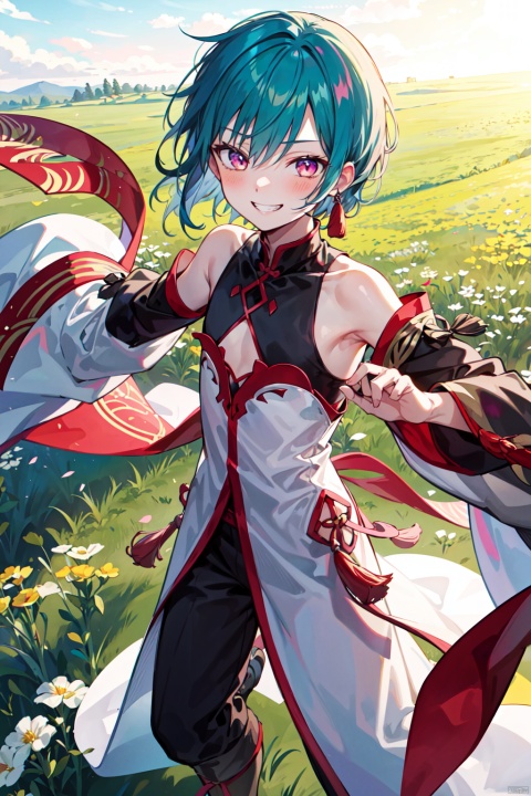 masterpiece,best quality, highly detailed, 1other,androgynous,bare shoulders,chinese clothes,ryuushen,solo,virtual youtuber,blush,looking at viewer,grin,tassel,fighting stance,full_body,meadow