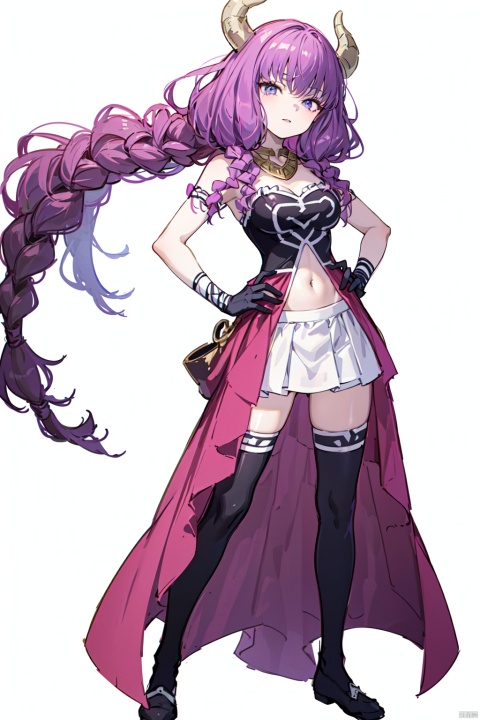 8k, best quality, masterpiece, (ultra-detailed:1.1), (high detailed skin),(full body:1.4), white background, standing, looking at viewer, (solo:1.3), hand on hip,, aura, 1girl, skirt, (black thighhighs:1.3), purple hair, horns, black gloves, navel,purple hemline,braid,(white background, simple background:1.4),, ( good hands, nice hands:0.5),(beautiful_face), ((intricate_detail)), clear face,((finely_detailed)), fine_fabric_emphasis,((glossy)), full_shot,