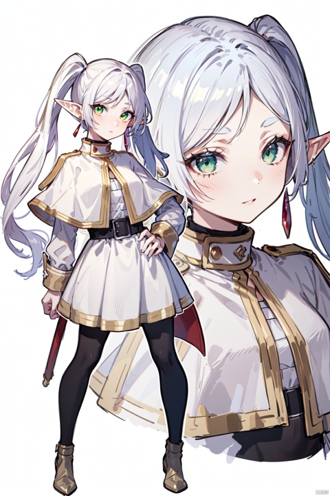8k, best quality, masterpiece, (ultra-detailed:1.1), (high detailed skin), (full body:1.2), white background, standing, looking at viewer, solo, hand on hip, , fll, twintails, 1girl, pointy ears, round face,white hair, green eyes, elf, pantyhose, long hair, earrings, black pantyhose, white capelet, long sleeves, dress, (white background, simple background,:1.2), , ( good hands, nice hands:0.5), (beautiful_face), ((intricate_detail)), clear face, ((finely_detailed)), fine_fabric_emphasis, ((glossy)), full_shot,