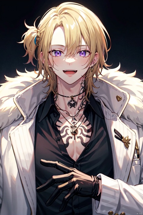 masterpiece,best quality, highly detailed, 1boy,black shirt,chest tattoo,luca kaneshiro,male focus,solo,virtual youtuber,looking at viewer,necklace,upper body,black gloves,collared shirt,open mouth,smile,fur trim,short sidetail,long sleeves,white jacket,mafia