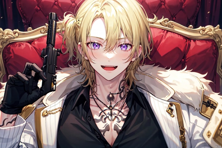 masterpiece,best quality, highly detailed, 1boy,black shirt,chest tattoo,luca kaneshiro,male focus,solo,virtual youtuber,looking at viewer,necklace,black gloves,collared shirt,open mouth,smile,fur trim,short sidetail,long sleeves,white jacket,mafia,couch,gun,aiming at viewer