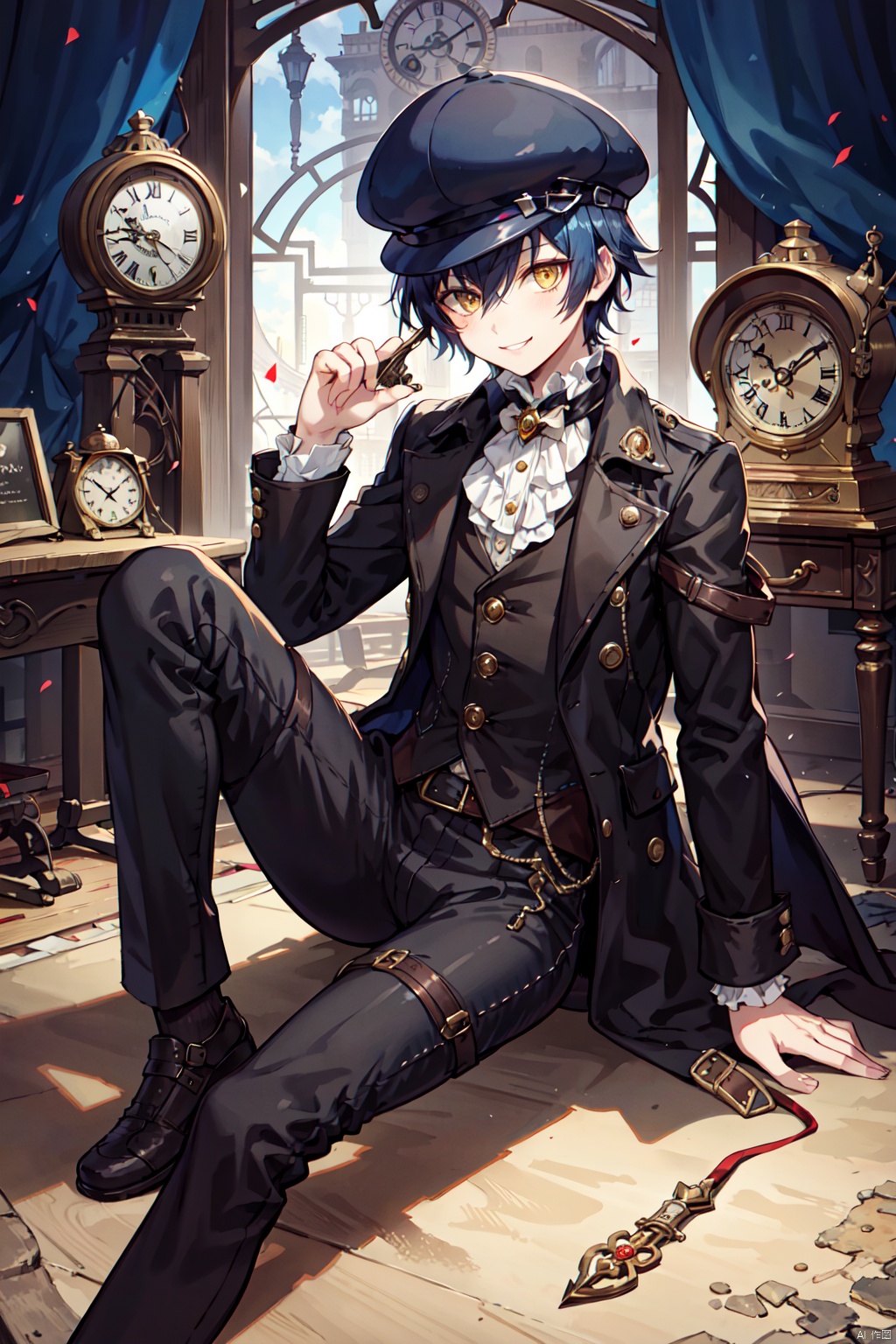  solo,shota,male_focus,dark_blue_hair,very_short_hair,yellow_eyes,detective,supersteampunk,victorian,shirogane naoto,smile,sitting_down,cabbie hat,clock, supersteampunk,