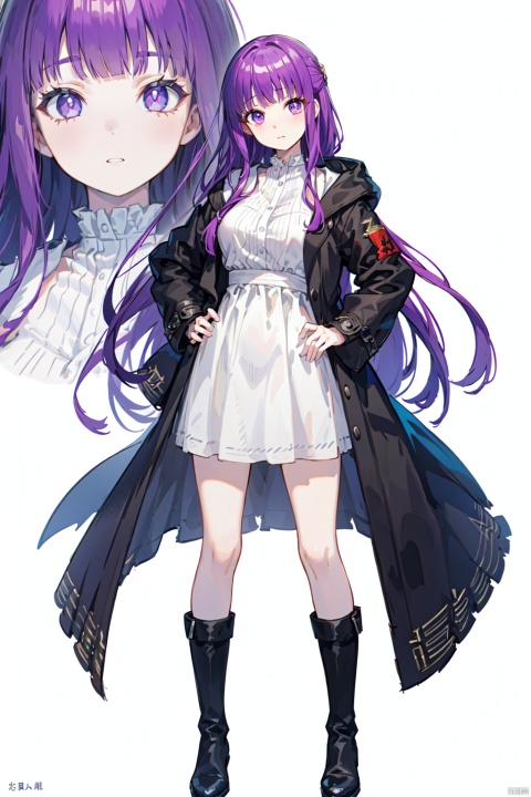 8k, best quality, masterpiece, (ultra-detailed:1.1), (high detailed skin),(full body:1.4), white background, standing, looking at viewer, (solo:1.3), hand on hip,, fl, def clothe, 1girl, long hair, purple hair, purple eyes,coat,black boots, (white background, simple background:1.4),, ( good hands, nice hands:0.5),(beautiful_face), ((intricate_detail)), clear face,((finely_detailed)), fine_fabric_emphasis,((glossy)), full_shot,
负向提示