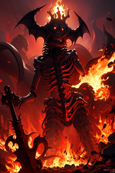  hell,red_sky,molten rock,flame,cthulhu mythos,living_skeleton,weapon, fire