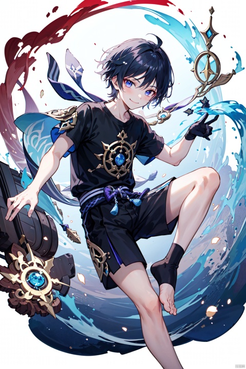 masterpiece,best quality, highly detailed, scaramouche (genshin impact),1boy,male focus,solo,short sleeves,looking at viewer,closed mouth,black shirt,smile,feet,full_body,male f
