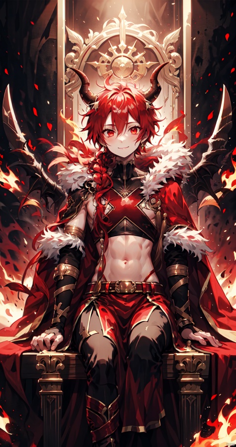  alexanderfgo, 1boy, navel, stomach, waist cape, red cape, off the shoulder, pelvic curtain, sitting,looking_at_viewer,smile,jewelry,short sword,flaming sword,closed_mouth,army,upper_body,throne,red sky,flame,demon horns,demon wings,huo,weapon