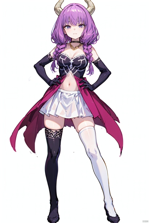 8k, best quality, masterpiece, (ultra-detailed:1.1), (high detailed skin),(full body:1.4), white background, standing, looking at viewer, (solo:1.3), hand on hip,, aura, 1girl, skirt, (black thighhighs:1.3), purple hair, horns, black gloves, navel,purple hemline,braid,(white background, simple background:1.4),, ( good hands, nice hands:0.5),(beautiful_face), ((intricate_detail)), clear face,((finely_detailed)), fine_fabric_emphasis,((glossy)), full_shot,