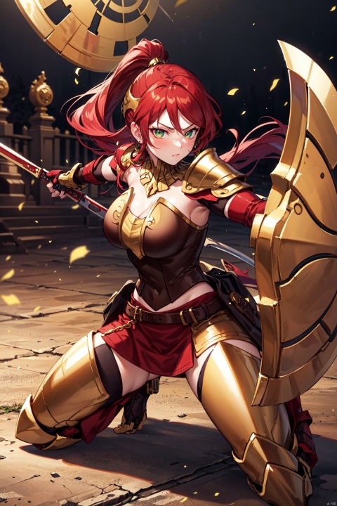  masterpiece,best quality, highly detailed, pyrrha nikos,1girl, solo,armor, ponytail, earrings, serious, looking at viewer, large breasts,weapon,shield,full_body,fighting stance,war
