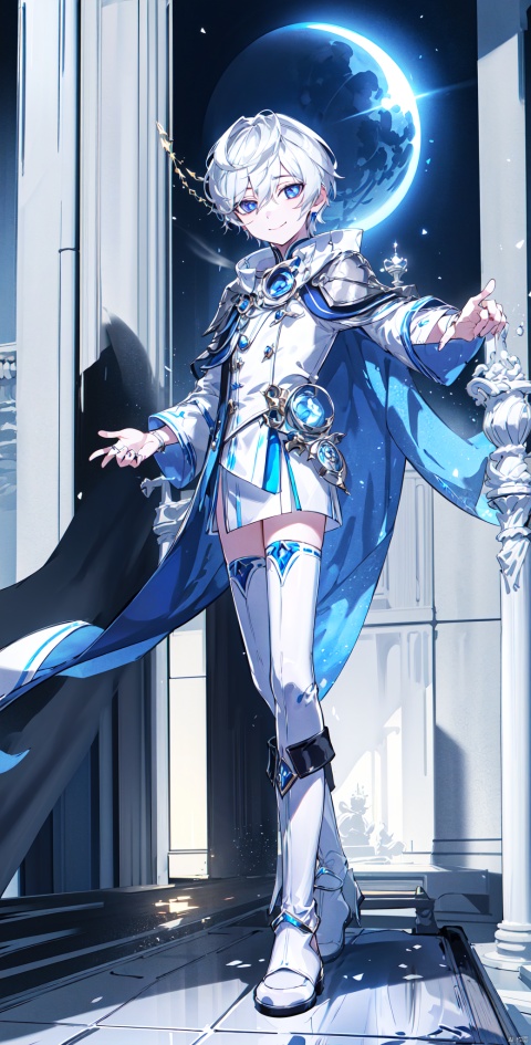  1boy,ebalon, looking at viewer, short hair, blue eyes, white hair, hair between eyes, jewelry, closed mouth,
luxury,smile,throne room,chess,table,white theme,
white thighhighs,boots,cape,moonlight,standing,king,god rays, fazhen