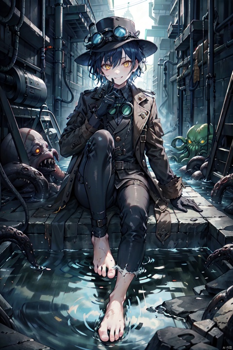  solo,shota,male_focus,dark_blue_hair,very_short_hair,yellow_eyes,detective,supersteampunk,
goggles on headwear,revolver,brown_jacket,assertive,black gloves,victorian,bare_foot,sewer,flashlight,pollution,water,smile, Cthulhu, zukong,foot focus,barefoot,tentacle pit