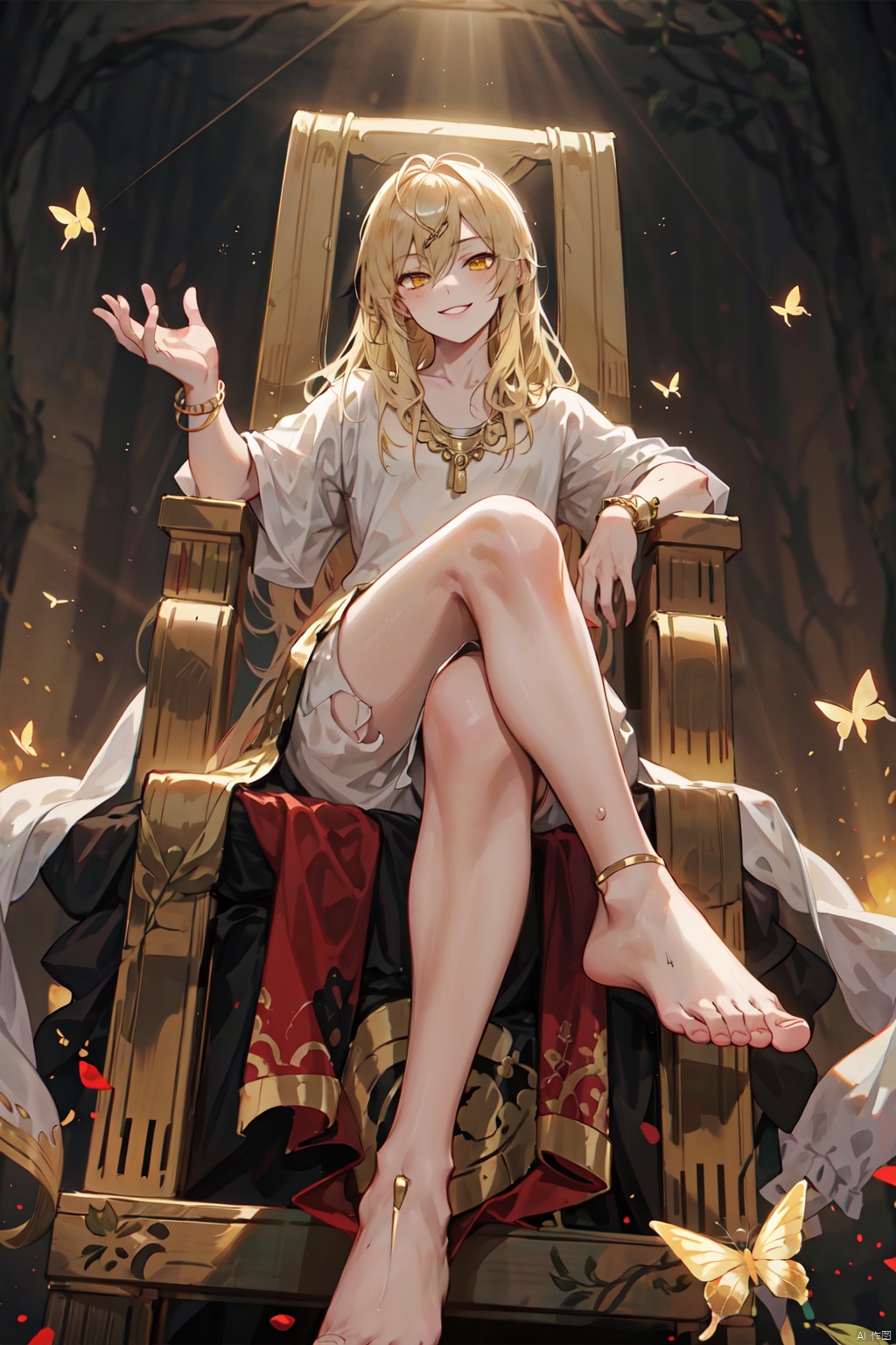  1boy,male_focus,blonde hair,long hair,bare_feet,yellow eyes,golden_leaf, queen marika,smile,golden_butterfly,
ankle_bracelet,throne,god rays, zukong,palace,