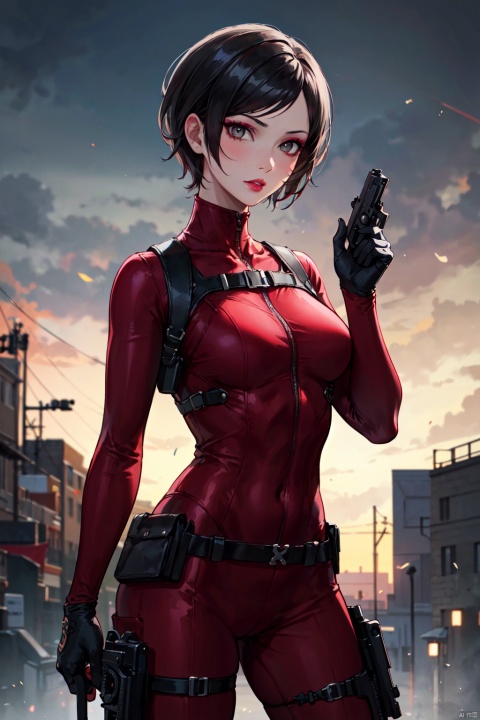  masterpiece,best quality, highly detailed, ada wong,1girl, solo, handgun, gloves, lips, holster, bodysuit,makeup, trigger discipline,