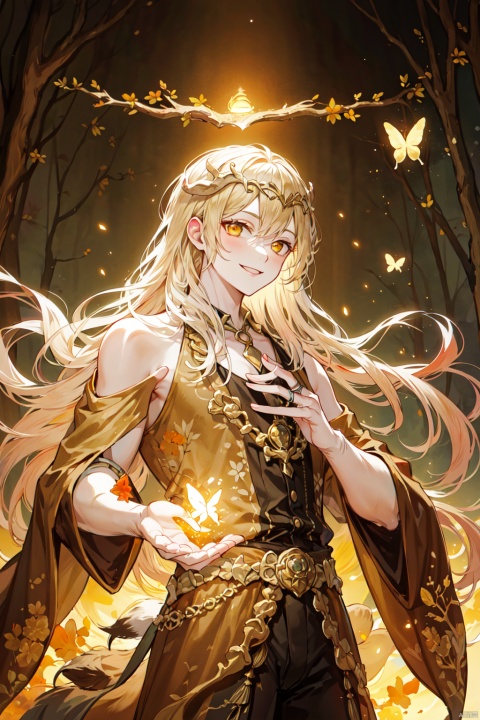  Divine Deer_Cervus eldii, golden deer, golden butterfly,forest,glowing light, queen marika,elden ring,1boy,smile,