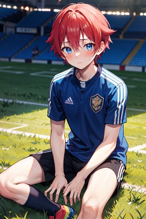  masterpiece,best quality, highly detailed, hibiki yuuta,male focus,1boy,solo,blush,looking at viewer,shorts,soccer uniform,soccer field