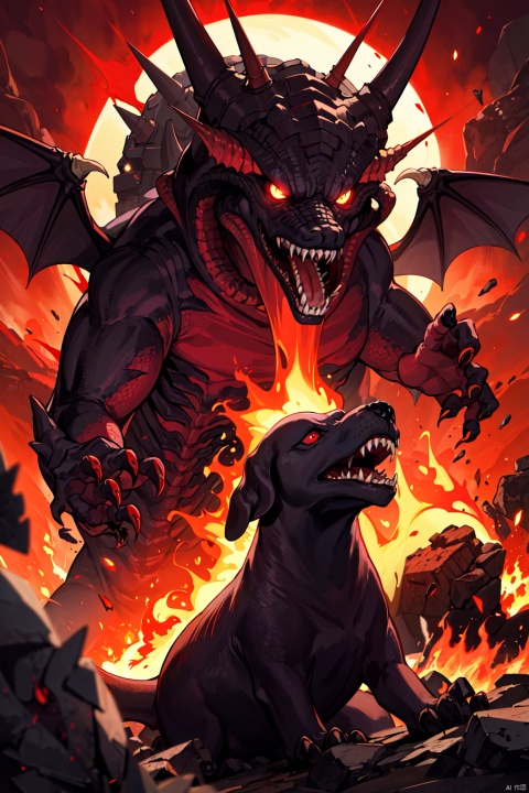  hell,hound (sekaiju),red_sky,molten rock,flame,sharp teeth,cthulhu mythos,