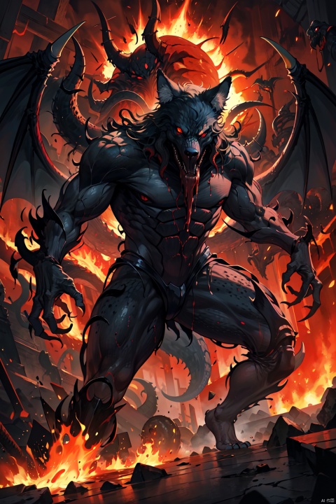  hell,wolf,red_sky,molten rock,flame,sharp teeth,cthulhu mythos,Cthulhu,realistic,werewolf