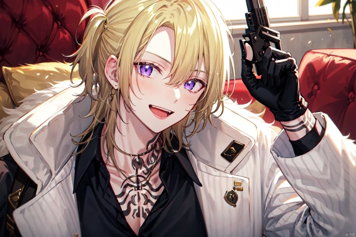 masterpiece,best quality, highly detailed, 1boy,black shirt,chest tattoo,luca kaneshiro,male focus,solo,virtual youtuber,looking at viewer,necklace,upper body,black gloves,collared shirt,open mouth,smile,fur trim,short sidetail,long sleeves,white jacket,mafia,couch,gun,aiming at viewer