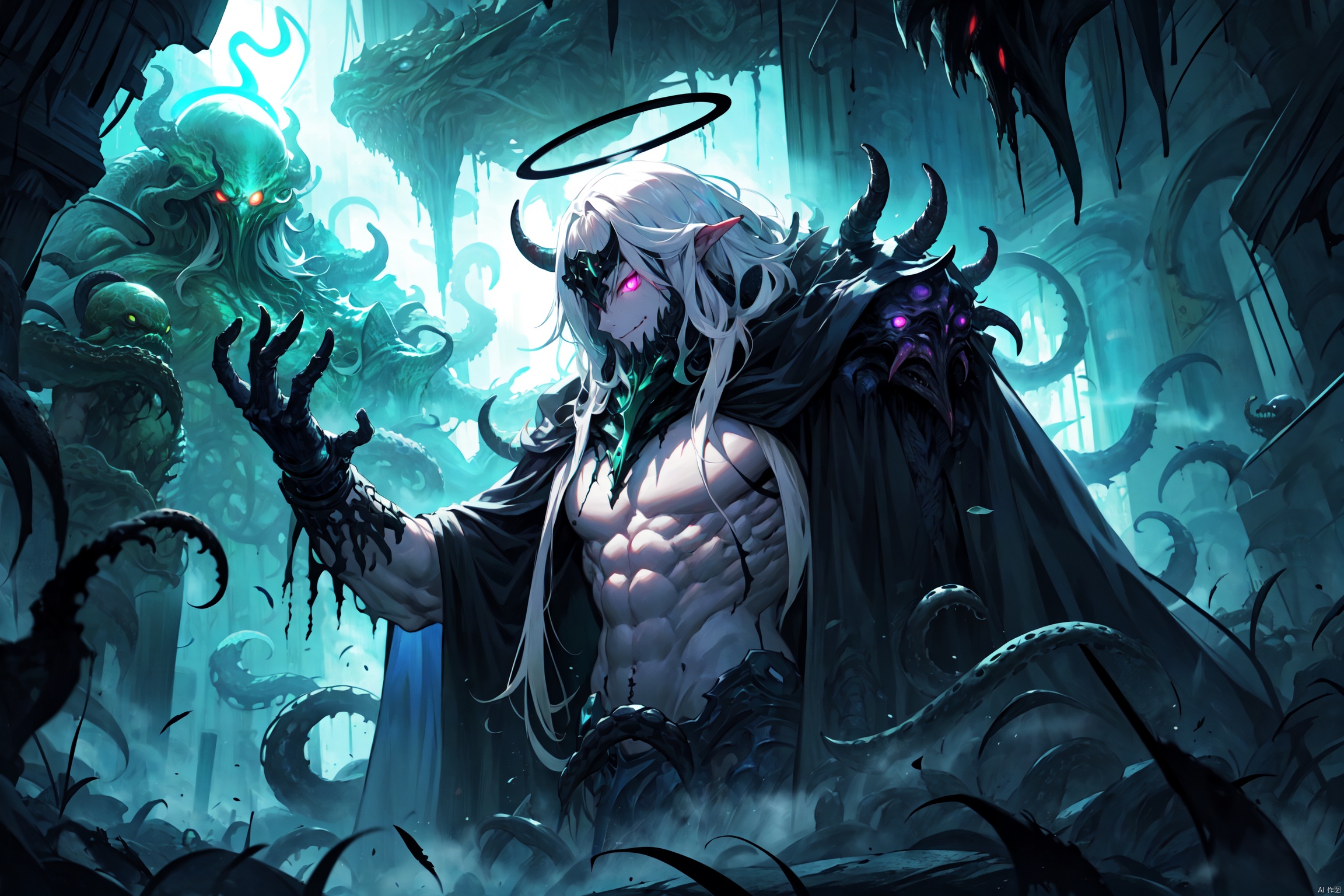  1boy, Elsword, black hair, (((short_hair_with_long_locks))), messy hair, purple eyes,white_streaked hair,muscler,looking_at_viewer,completely_naked,male_nipples,steaming,machinery,glowing eyes,tentacles,
lord of the mysteries, Cthulhu,many tentacles,
black_cape,upper_body,demon horns,evil_smile,feather_wings,halo,cthulhu mythos,rotting,sword,