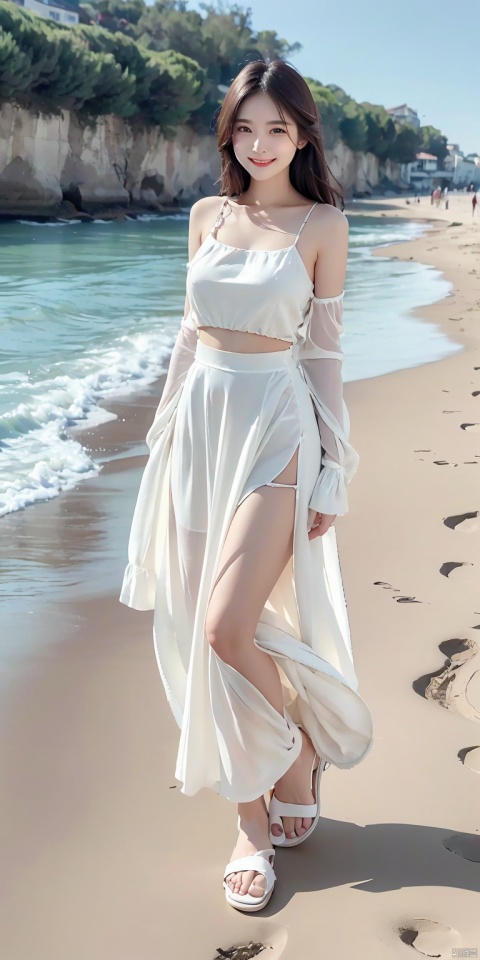 8k, original photo, best quality, masterpiece, realistic, 1 girl with a smile on her face, beach skirt, beach, slippers
