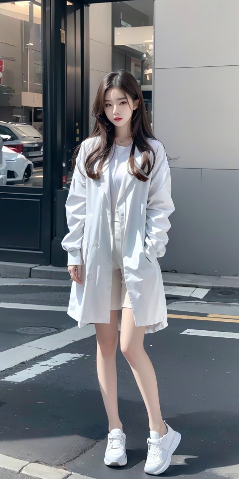 8k, original photo, best quality, masterpiece, realistic, 1 girl, full body, brown long hair, street view