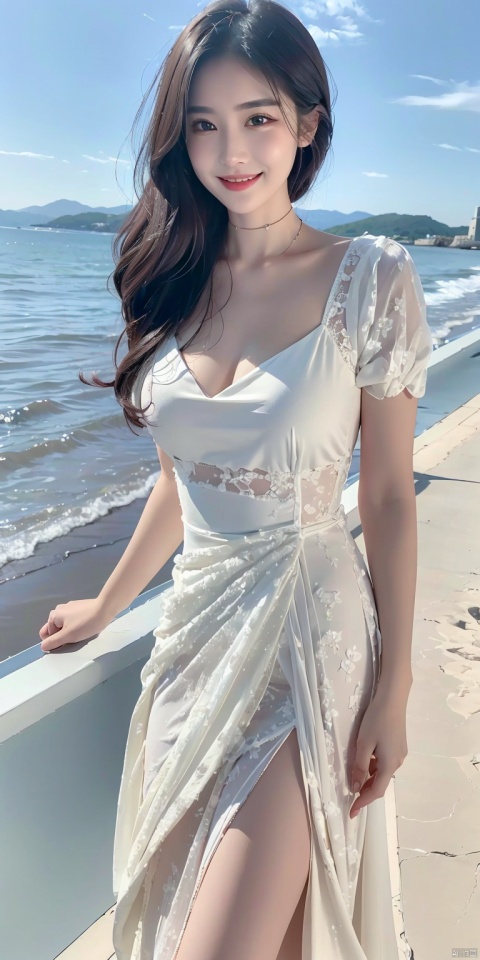 8k, original photo, best quality, masterpiece, realistic, 1 girl with a smile on her face, white lace dress, beach beach