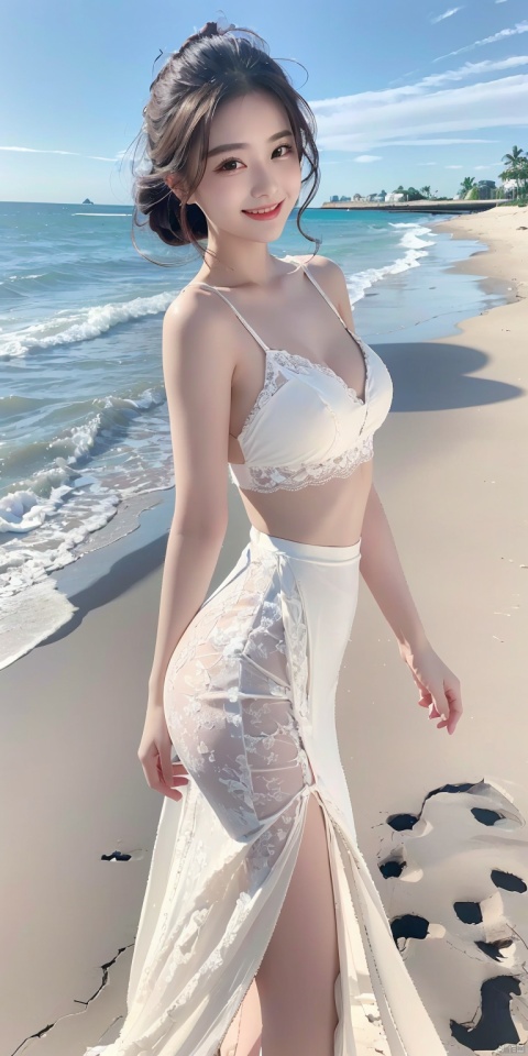 8k, original photo, best quality, masterpiece, realistic, 1 girl with a smile on her face, white lace beach skirt, beach on the beach