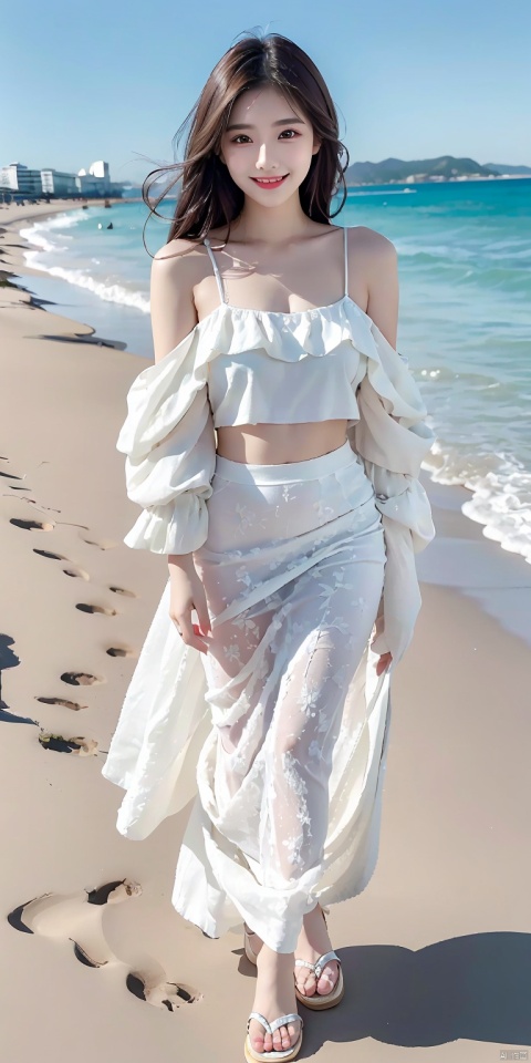 8k, original photo, best quality, masterpiece, realistic, 1 girl with a smile on her face, white lace beach skirt, beach, slippers