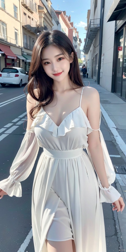 8k, original photo, best quality, masterpiece, realistic, 1 girl with a smile on her face, white dress, street view