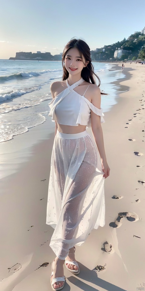 8k, original photo, best quality, masterpiece, realistic, 1 girl with a smile on her face, black lace beach skirt, beach beach, slippers