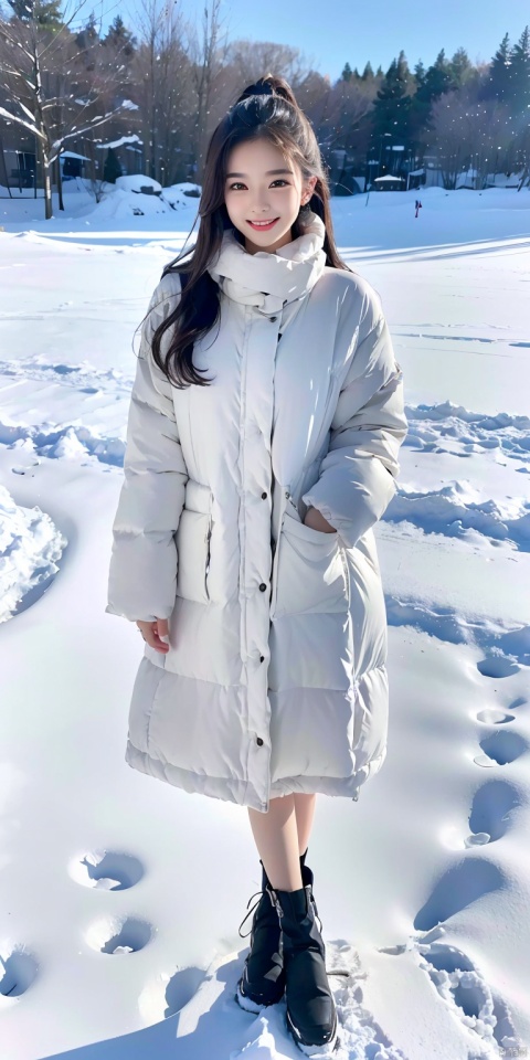 8k, original photo, best quality, masterpiece, realistic, 1 girl with a smile on her face, winter outfit, standing in the snow