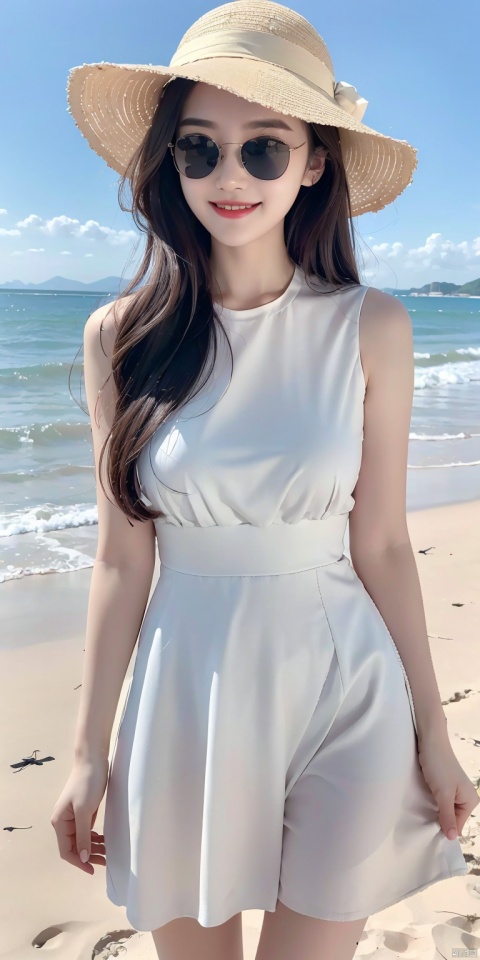 8k, original photo, best quality, masterpiece, realistic, 1 girl with a smile, white lace dress, beach beach, sun hat, sunglasses